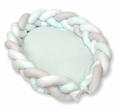 Amy - baby nest si bumper impletit - detasabile - 80 x 50 cm alb gri mint