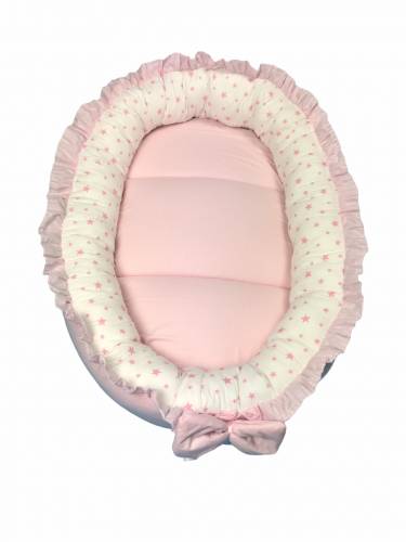 Cuib baby nest bebelusi cu volanase roz pal - stelute roz pe alb lux