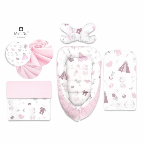 MimiNu - Set 4 in 1 Cosulet bebelus Baby Cocoon 90x50 cm - 1 perna - 1 paturica si o saltea cu doua fete - Baby Shower Pink