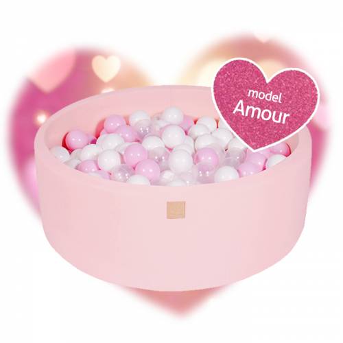 Piscina uscata cu 250 de bile (alb perlat - transparent - roz pastel) meowbaby - amour - 90x30 cm - roz deschis