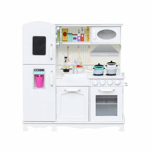 Bucatarie copii - lemn mdf alb - cuptor - frigider - chiuveta - set ustensile si cratite gatit - 91x1025x30 cm