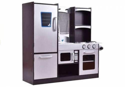 Bucatarie din lemn pentru copii - cu frigider - cuptor si cuptor cu microunde - silver-gri - leantoys - 2637