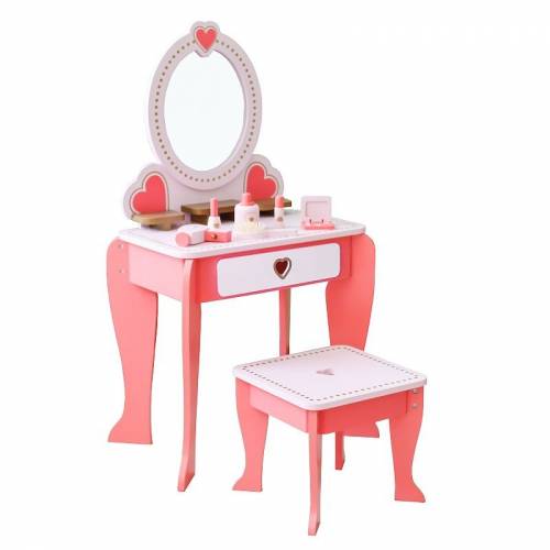 Set masa de toaleta pentru fetite - 92x34x49 cm - scaun si oglinda - accesorii par si machiaj - lemn roz