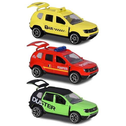 Set Majorette Dacia Duster masina taxi - masina de pompieri si masina negru cu verde