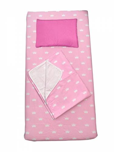 Set 3 piese pat 140x70 cm cu cearsaf paturica si perna coronite albe pe roz