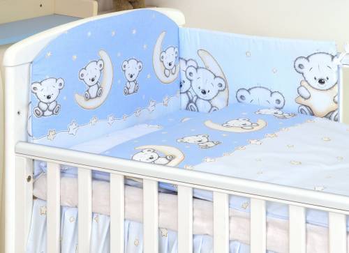Set lenjerie din bumbac - cu protectie laterala pentru pat bebe 120 x 60 cm - ursulet pe luna blue