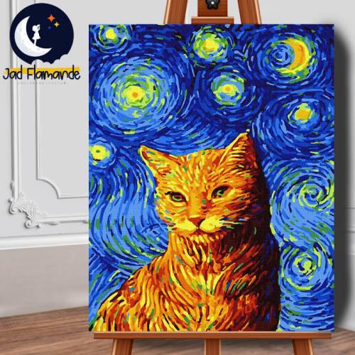 Set pictura pe numere (panza) Noapte instelata - Pisica Van Gogh 50x40 cm